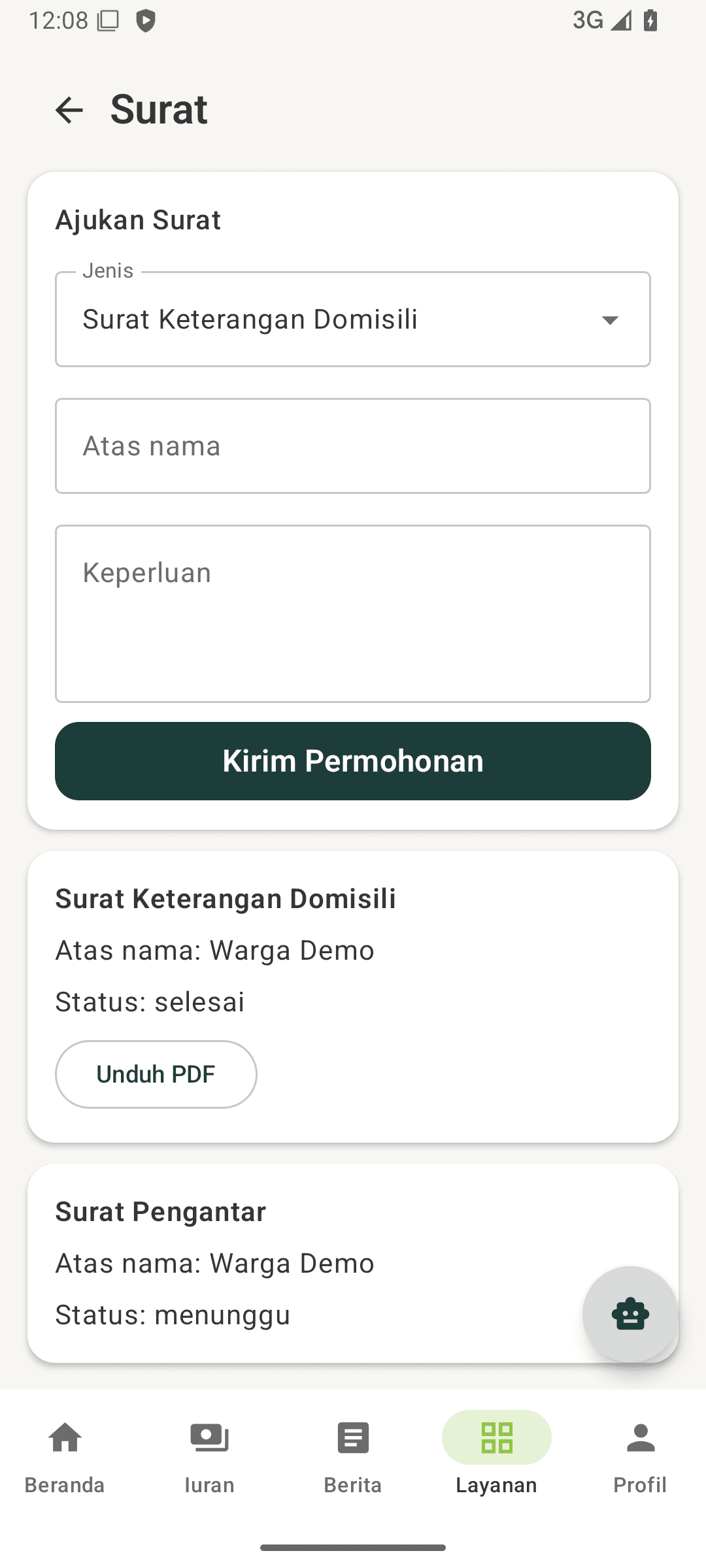 8. Surat + unduh PDF