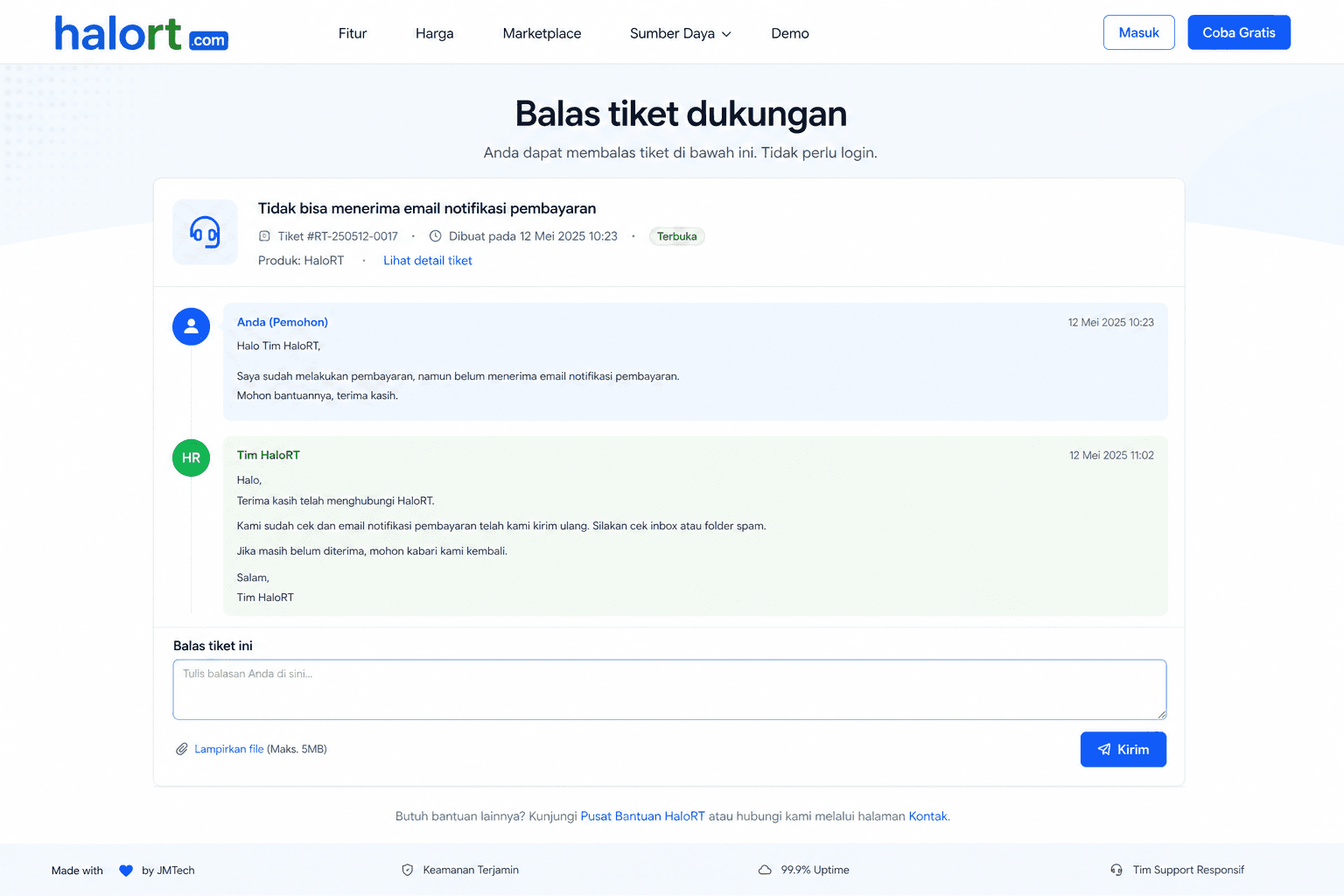 6. Balas tiket tanpa login